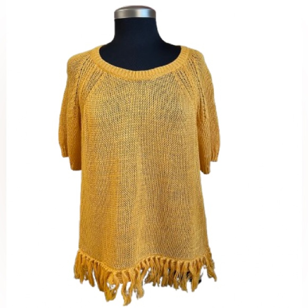 J. Crew 100% Linen Pointelle Crewneck Mustard Sweater With Fringe Size Large